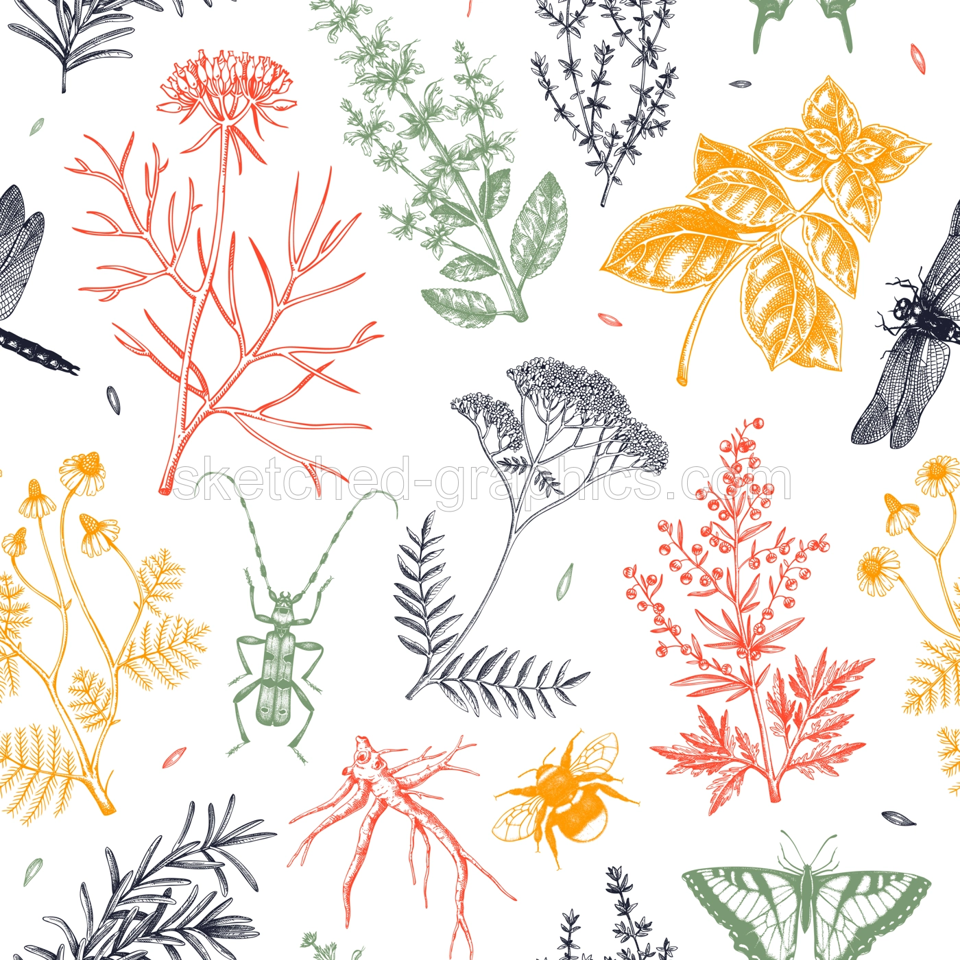 Apothecary plant background. Medicinal herbs seamless pattern. Insects hand-drawn vector illustration. NOT AI generated Illustration